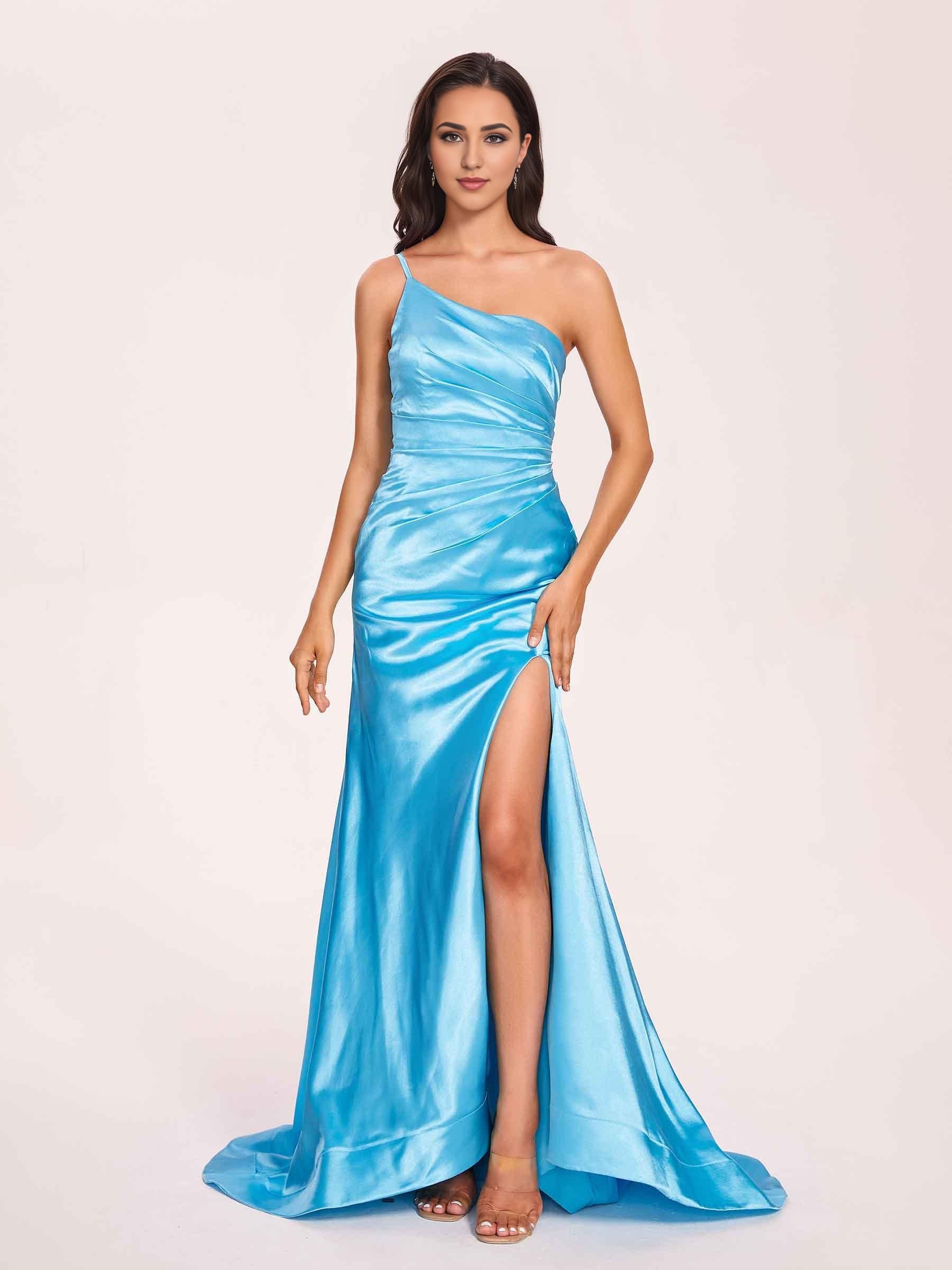 Satin One-shoulder Mermaid Prom Dresses Side Slit Pleats Floor Length